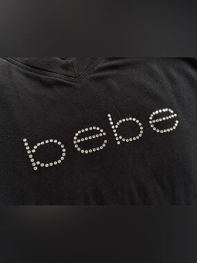 Bebe Y2K Rhinestone Logo Black V-Neck Top L Fits S/M